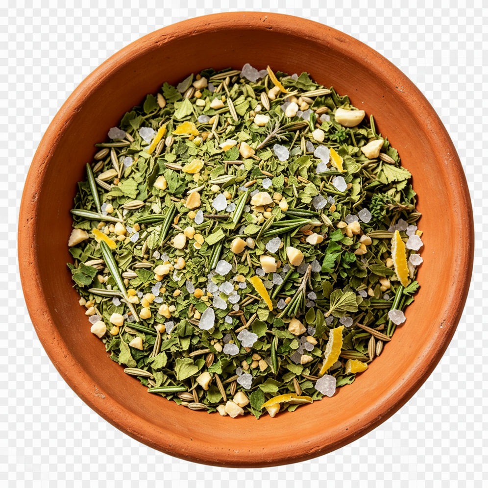Terracotta bowl filled with a mix of green herbs and small yellow flowers on a white background