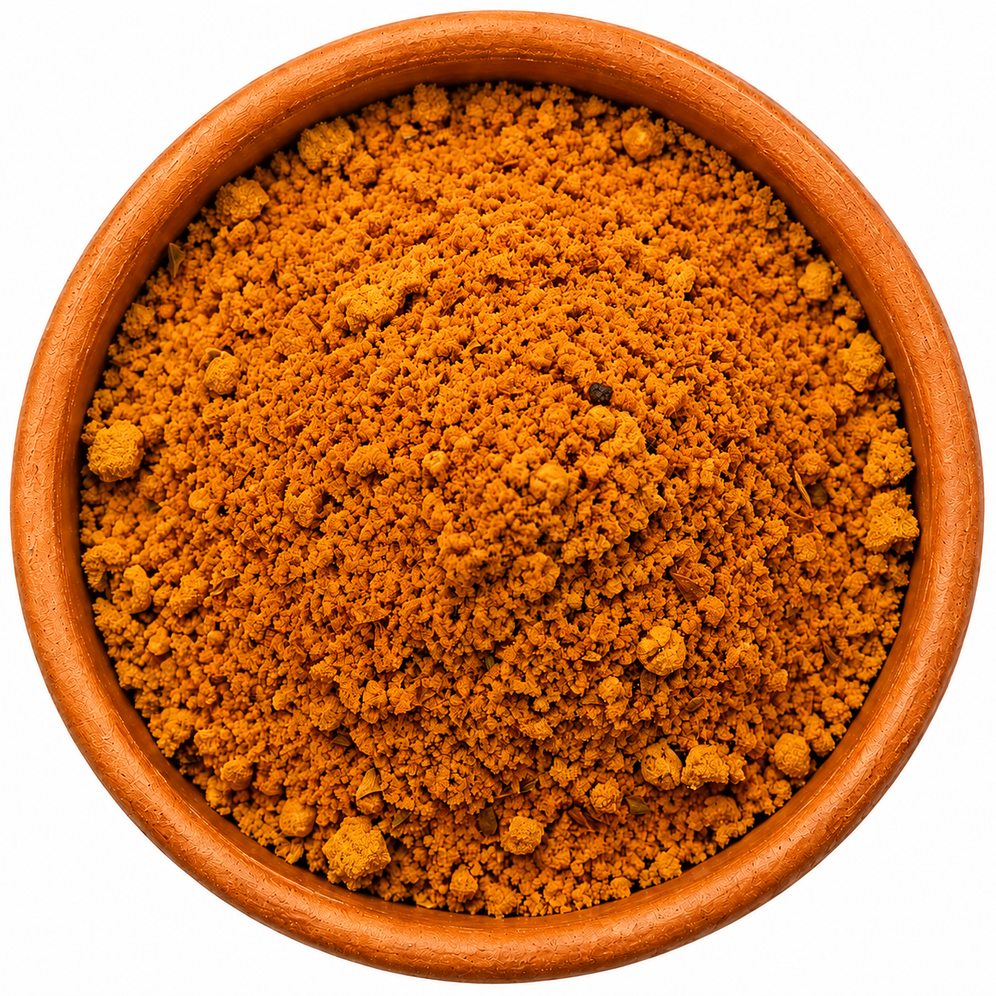 Bangalore Curry Blend - Extra Hot Indian Curry Spice in a terracotta bowl on a white background, showing the rich golden-orange handcrafted curry seasoning.