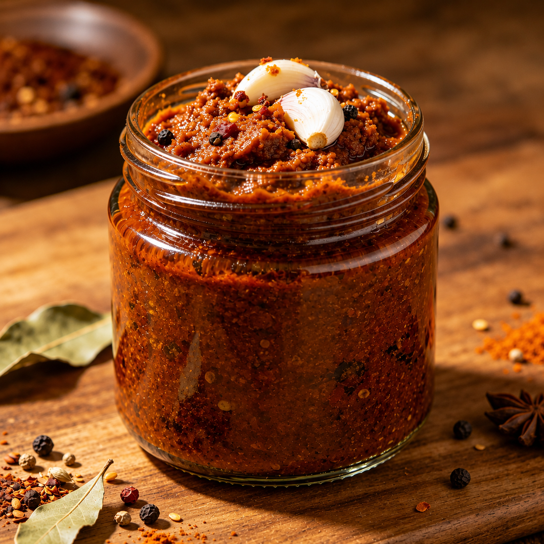 Homemade Vindaloo Masala Garlic & Vinegar Curry Paste made with Spice & Dipity Vindaloo Masala Spice Blend, served in a rustic glass jar.