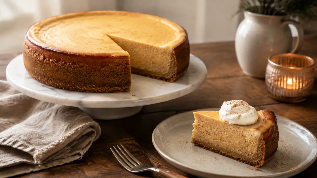 Baked pumpkin spice cheesecake with a golden biscuit base and a creamy slice served with crème fraîche.