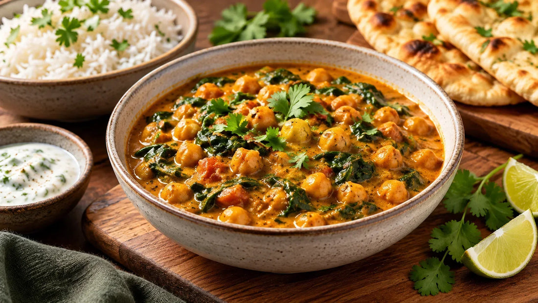 Bangalore chickpea and spinach curry served in a rustic ceramic bowl with fluffy basmati rice, naan bread, raita and fresh coriander on a wooden table.