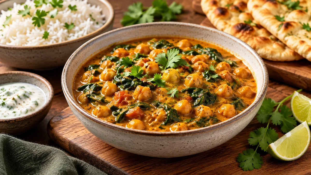 Bangalore chickpea and spinach curry served in a rustic ceramic bowl with fluffy basmati rice, naan bread, raita and fresh coriander on a wooden table.