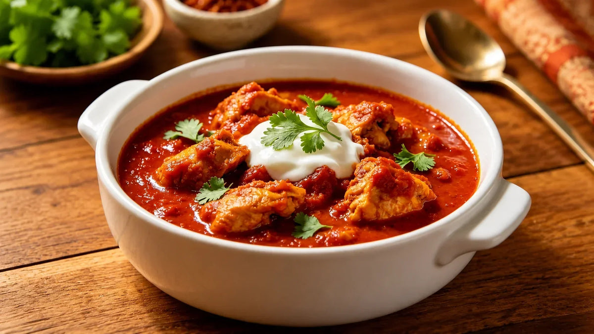 Bangalore Fire Chicken Curry served in a white casserole dish with rich tomato curry sauce, tender chicken pieces, yoghurt and fresh coriander on a rustic wooden table.