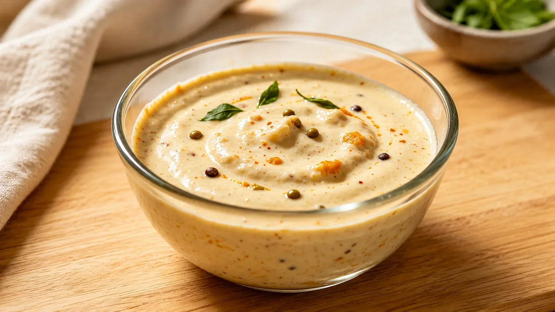 Bangalore yoghurt marinade in a glass bowl with aromatic spices and herbs on a wooden board, perfect for marinating chicken, vegetables, fish or paneer.