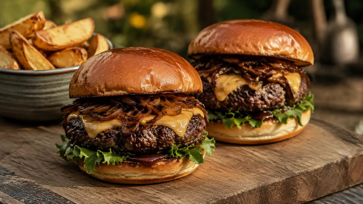 Homemade BBQ Beasty beef burgers with mature cheddar, smoky onions and skin-on chips.