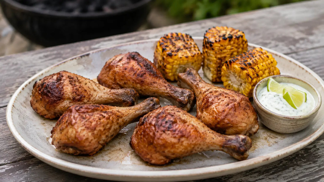 BBQ Beasty chicken drumsticks with charred sweetcorn and lime yoghurt on an outdoor table.