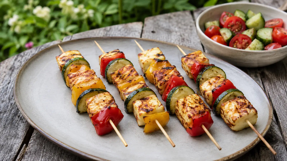 BBQ Beasty halloumi, pepper and courgette skewers with a fresh tomato and cucumber salad.
