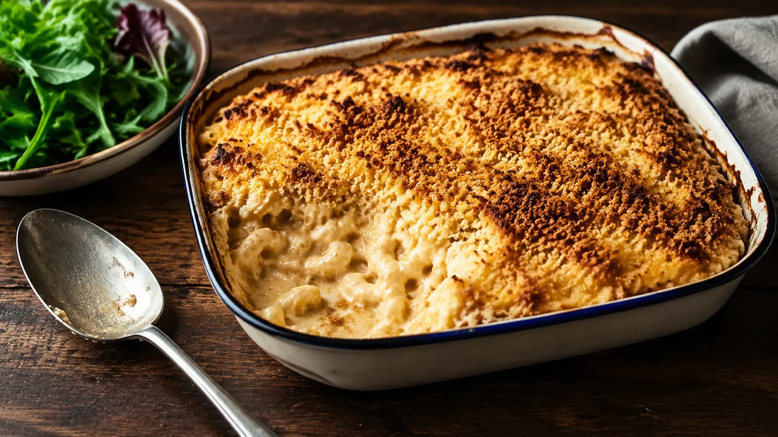 Smoky BBQ Beasty macaroni cheese with a crisp golden breadcrumb topping and green salad.