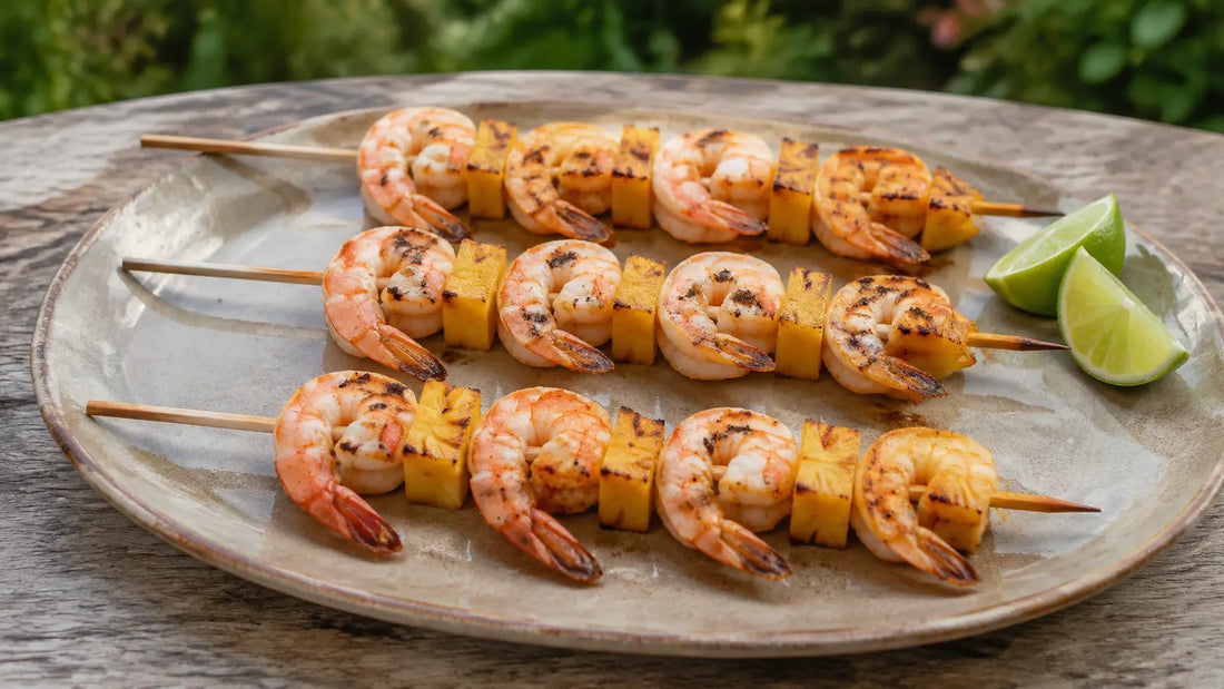 Grilled BBQ Beasty king prawn and pineapple skewers with caramelised edges and fresh lime.