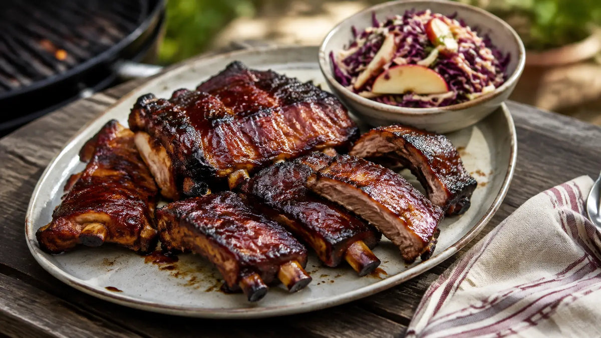 Sticky BBQ Beasty pork ribs with caramelised edges and fresh apple slaw served on a ceramic platter.