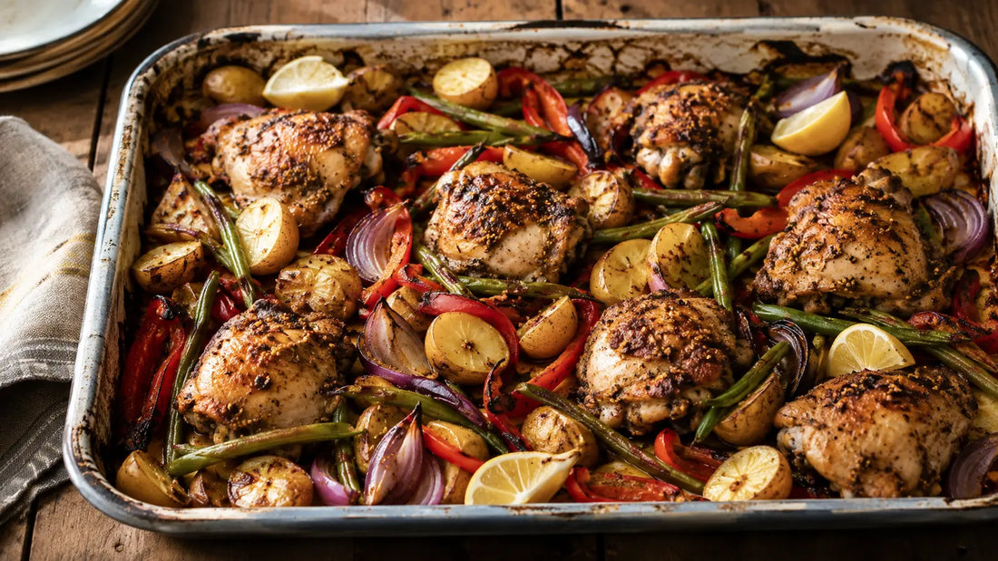 Bengali Five Spice chicken and vegetable traybake with potatoes, peppers, red onion, green beans and lemon.