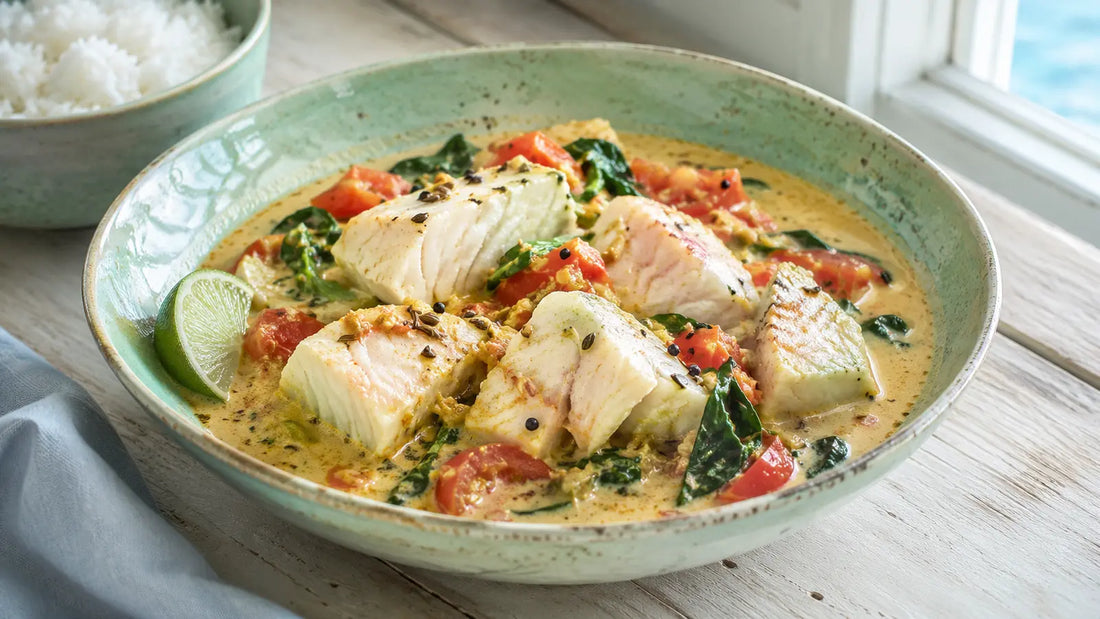 Bengali Five Spice fish and coconut curry with white fish, tomatoes, spinach, whole seeds and lime.