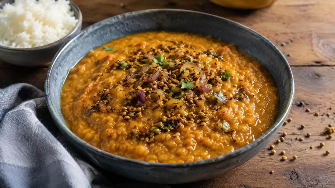 Bengali Five Spice red lentil dal finished with toasted whole seeds, onion and coriander, served with rice.
