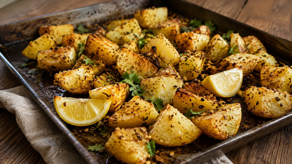 Crispy Bengali Five Spice roast potatoes with toasted whole seeds, coriander and lemon on a rustic roasting tray.