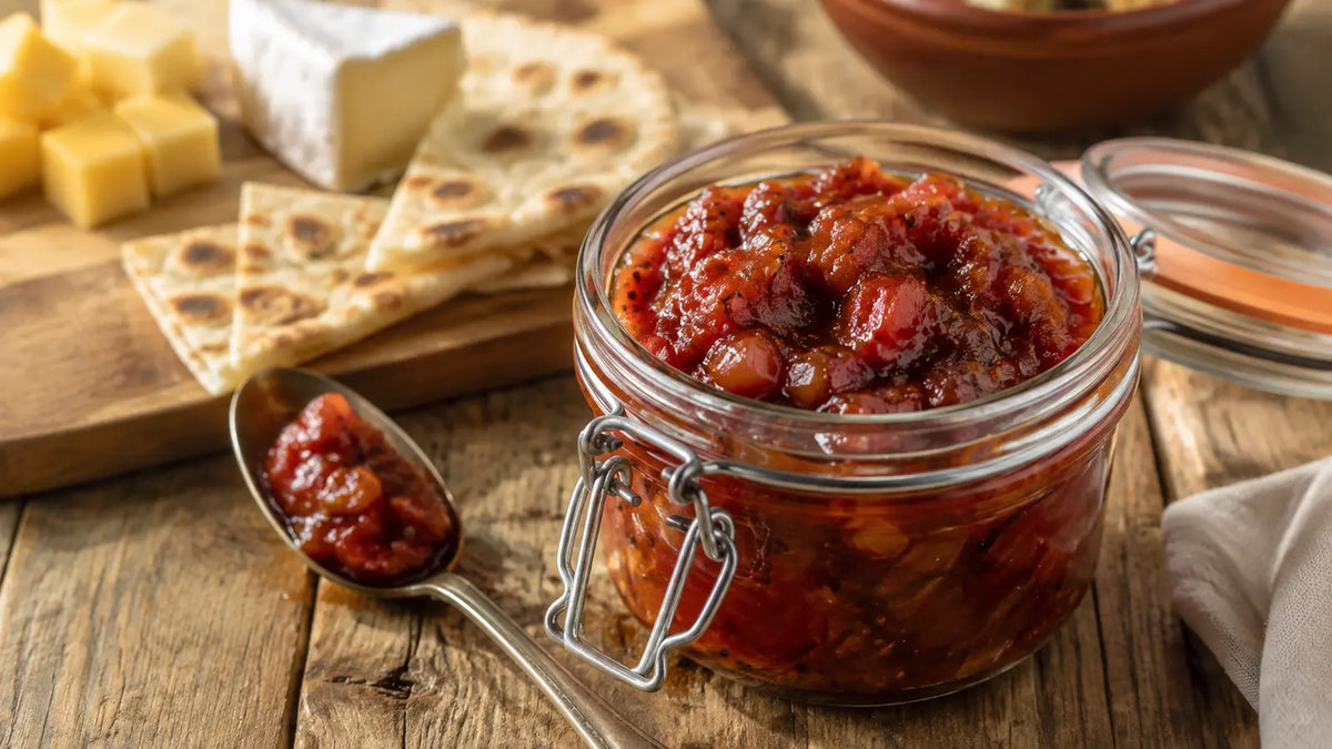 Homemade Bengali Five Spice tomato chutney with softened tomatoes, onion and whole aromatic seeds.