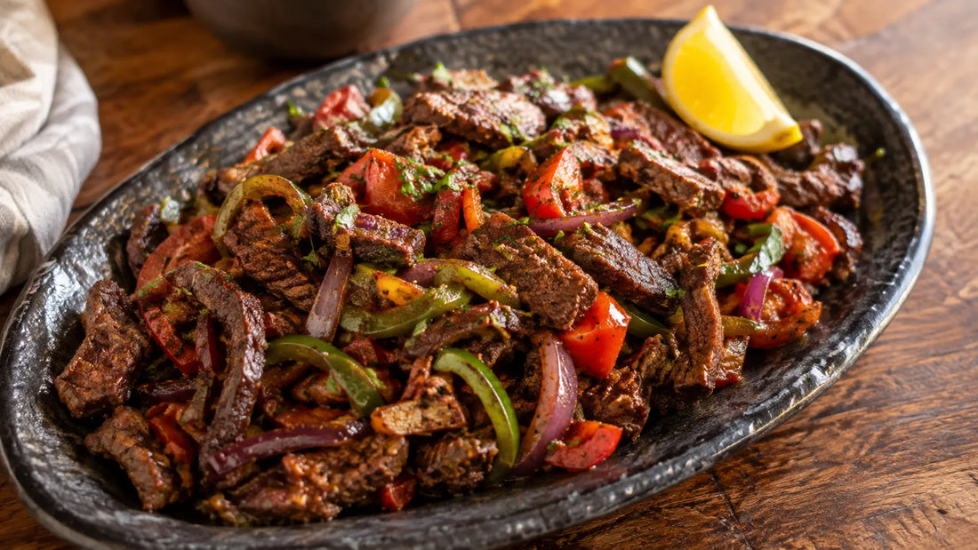 Ethiopian-inspired Berbere beef tibs with seared peppers, tomatoes and red onion on a dark ceramic platter.