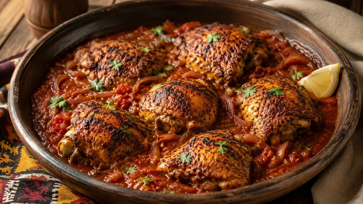 Berbere chicken thighs in a rich spiced tomato and red onion sauce served in a rustic earthenware dish.