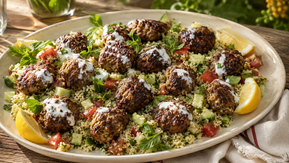 Berbere lamb meatballs with herby couscous, cucumber, tomatoes, yoghurt and lemon.