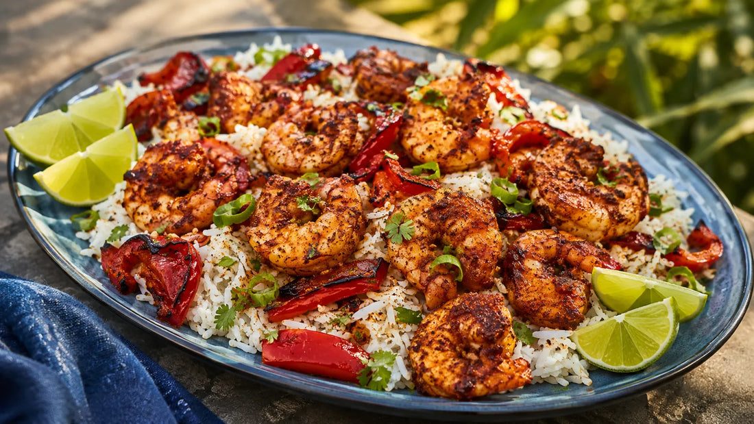 Berbere king prawns with charred red peppers, coconut rice and fresh lime on a blue ceramic platter.