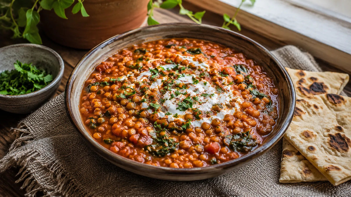 Thick Berbere red lentil and spinach stew finished with yoghurt and herbs and served with warm flatbread.