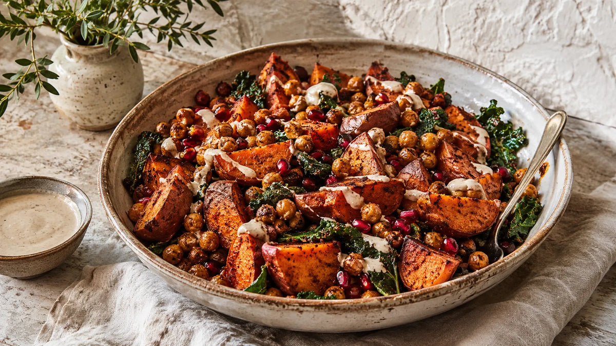 Berbere roasted sweet potato wedges and chickpeas with greens, pomegranate and tahini dressing.