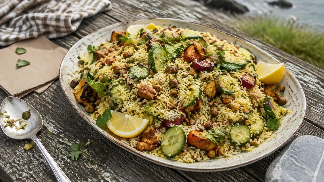 Biryani rice picnic salad with roasted vegetables, chickpeas, cucumber, herbs and lemon outdoors.