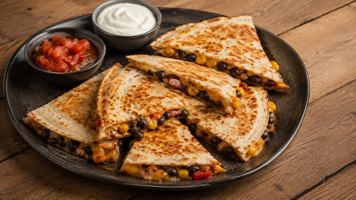 Golden black bean and sweetcorn quesadilla wedges with melted cheese, peppers, tomato salsa and sour cream.
