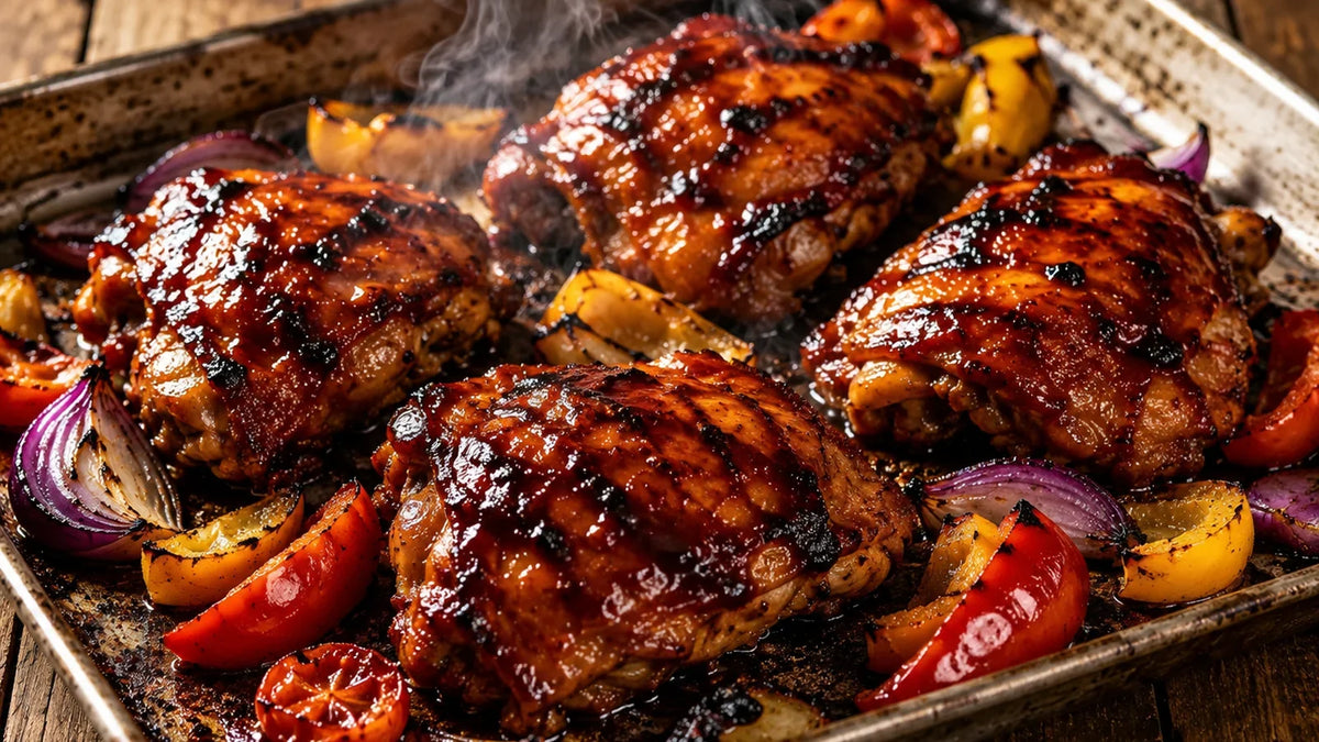 Sticky Bonfire Spice BBQ chicken thighs glazed and charred, served on a baking tray with a smoky barbecue finish.