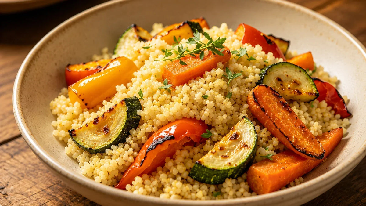 Bonfire Spice cous cous salad with roasted vegetables, made using Spice & Dipity Bonfire Spice Blend.