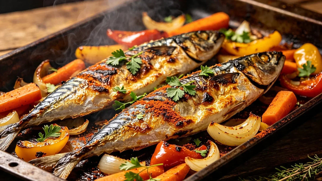 Roasted mackerel with Bonfire Spice, served with roasted peppers, carrots and onions on a baking tray.