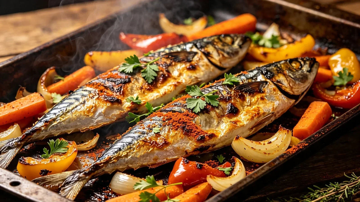 Roasted mackerel with Bonfire Spice, served with roasted peppers, carrots and onions on a baking tray.