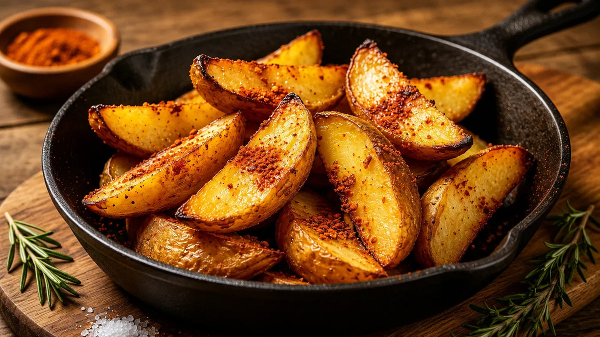 Crispy Bonfire Spice roasted potato wedges seasoned with Spice & Dipity Bonfire Spice, served in a cast iron skillet.