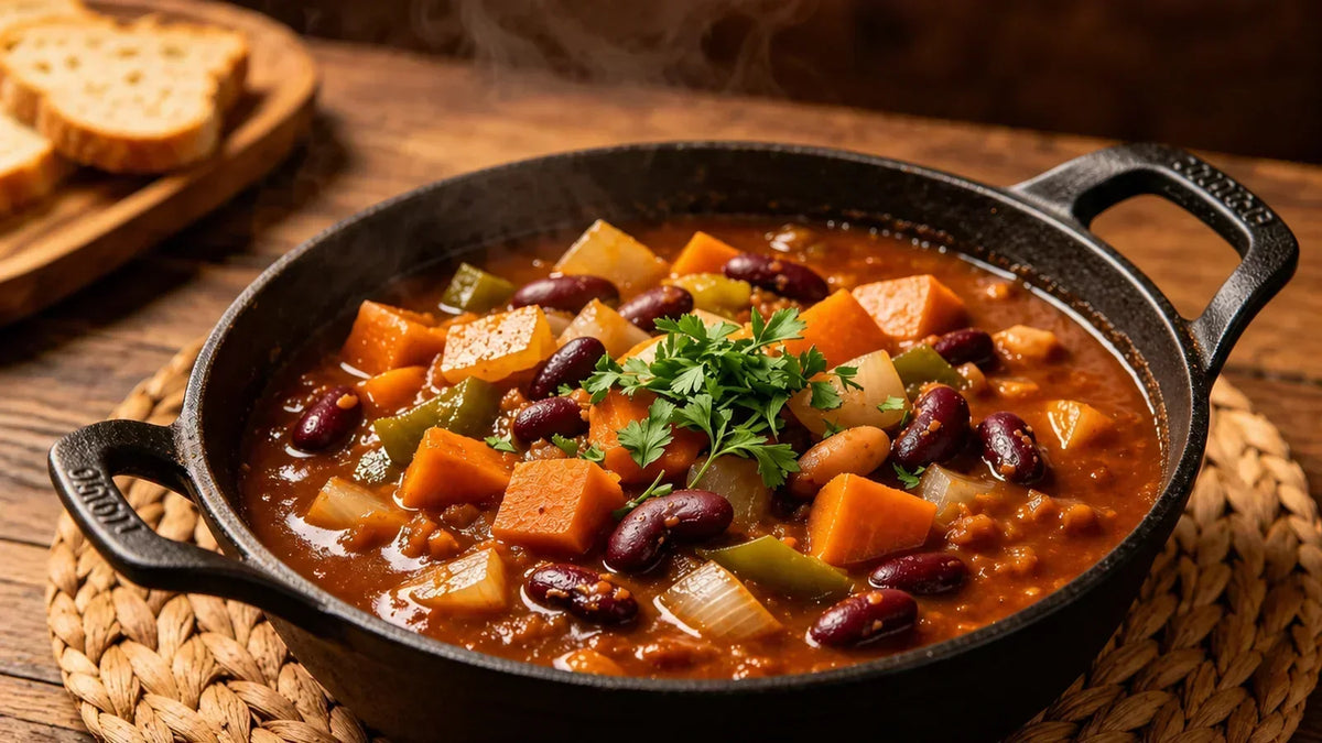 Bonfire Spice smoky bean and vegetable stew made with Spice & Dipity Bonfire Spice Blend, served hot with mixed beans and root vegetables.