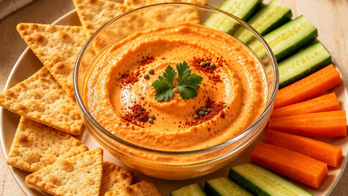 Creamy Bonfire Spice yoghurt dip made with Spice & Dipity Bonfire Spice Blend, served with crackers, cucumber and carrot sticks.