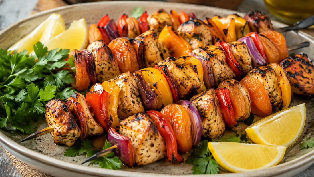 Braai chicken and apricot sosaties with red and yellow peppers, red onion, fresh herbs and lemon wedges.