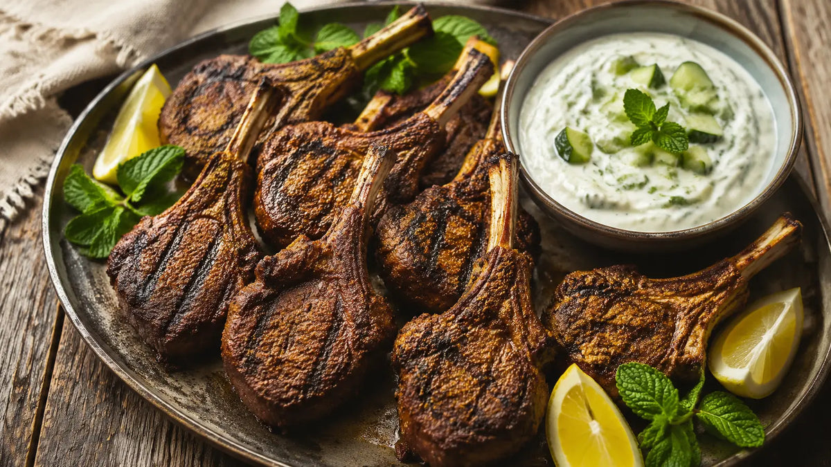 Charred Braai-spiced lamb chops served with cooling mint and cucumber yoghurt, lemon wedges and fresh mint.