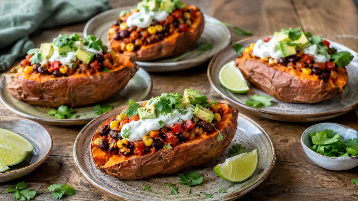 Baked sweet potatoes loaded with Braai-spiced black beans, sweetcorn, peppers, avocado, yoghurt, lime and coriander.