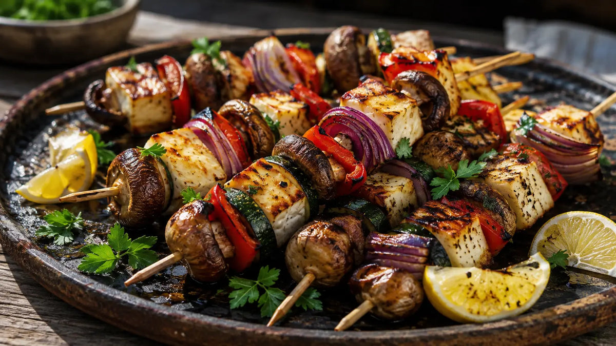 Braai mushroom and halloumi skewers with red pepper, courgette, red onion, lemon and fresh parsley.