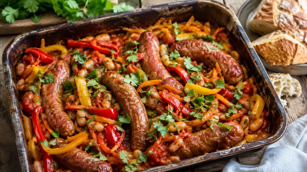 Braai sausage and chakalaka-style traybake with peppers, carrots and white beans in a rich tomato sauce.