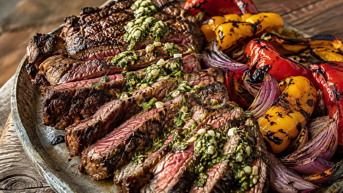 Sliced Braai-spiced steak with a smoky crust, charred peppers and red onion finished with a fresh green herb dressing.