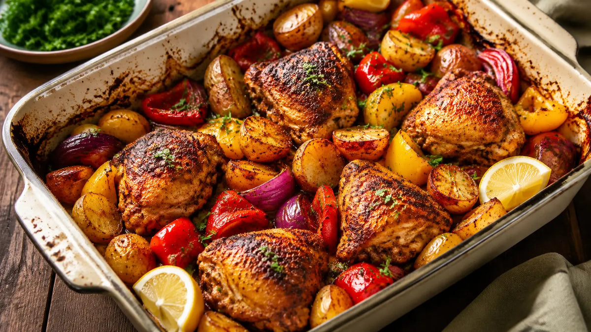 Cajun chicken and pepper traybake with roasted chicken thighs, baby potatoes, colourful peppers, red onion and lemon.