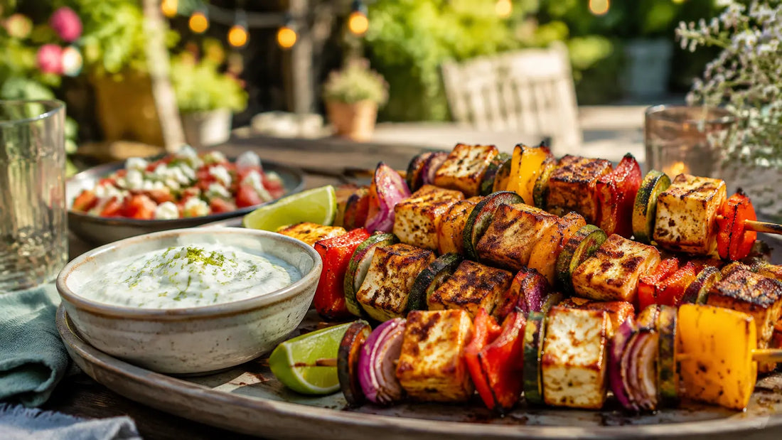 Grilled Cajun halloumi and vegetable skewers with peppers, courgette, red onion, lime and yoghurt dip.