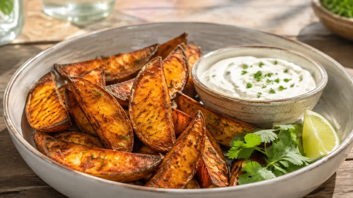 Crispy Cajun potato wedges with smoky seasoning, lime and a cooling yoghurt and chive dip.