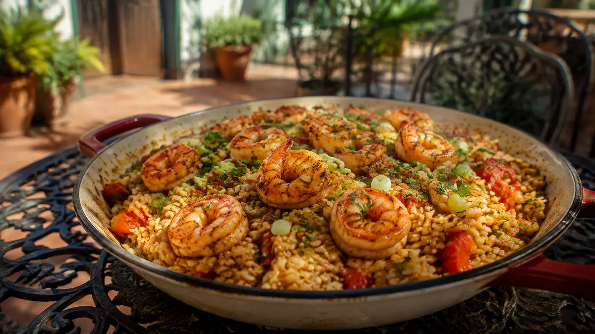 Cajun prawn rice with juicy prawns, red peppers, spring onions and parsley, served in a shallow pan.