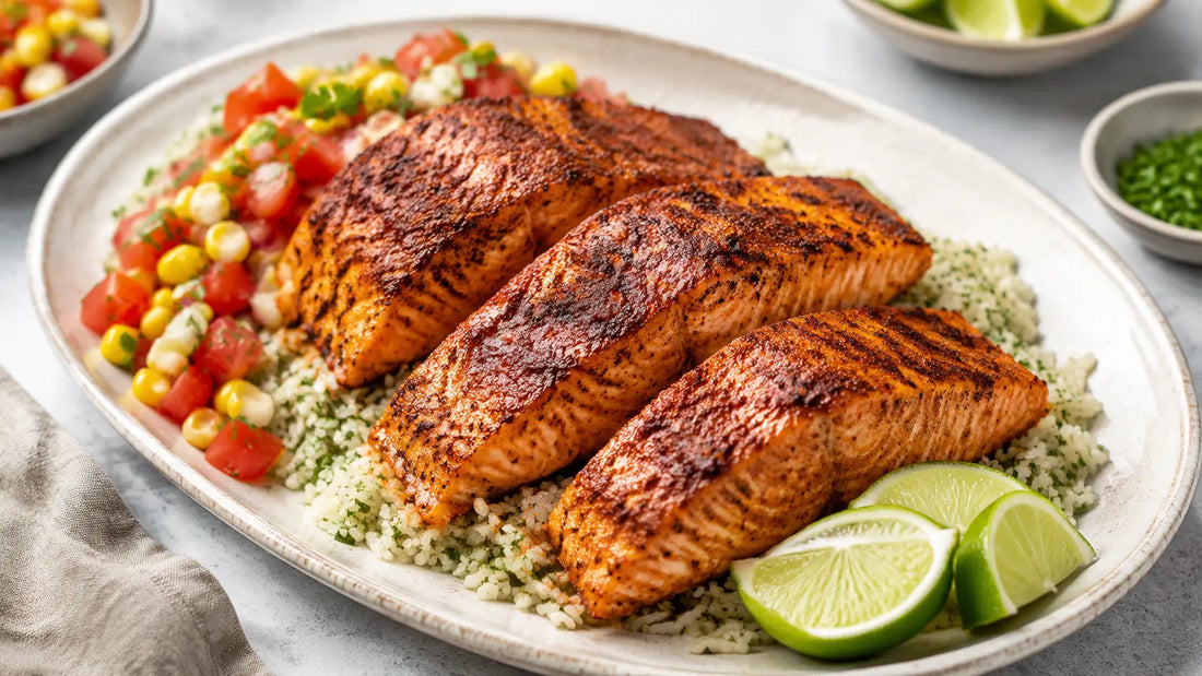 Cajun salmon with lime, herby rice and fresh corn and tomato salsa on a pale ceramic platter.
