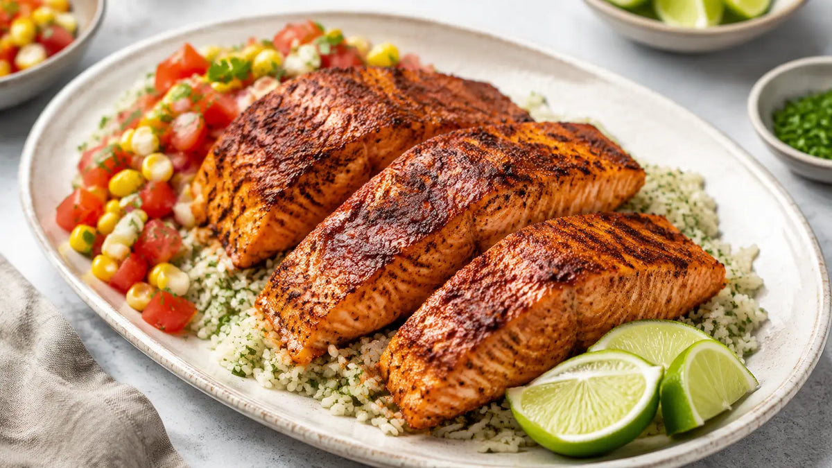 Cajun salmon with lime, herby rice and fresh corn and tomato salsa on a pale ceramic platter.