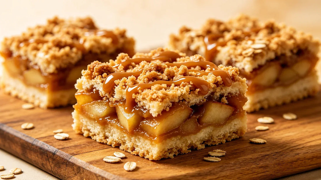Caramel Apple Crumble Bars with buttery crumble topping, cinnamon-spiced apple filling and rich caramel drizzle, served on a rustic wooden board.