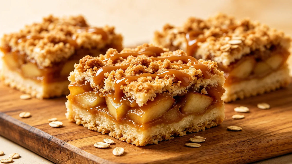 Caramel Apple Crumble Bars with buttery crumble topping, cinnamon-spiced apple filling and rich caramel drizzle, served on a rustic wooden board.