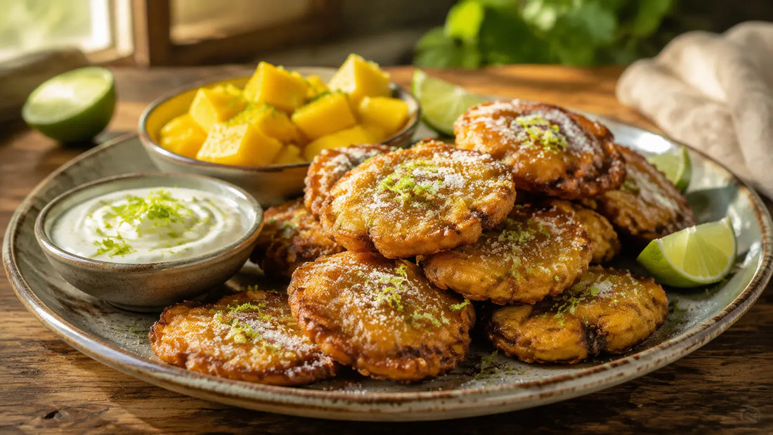 Golden Caribbean Island Spice banana fritters dusted with lime sugar and served with yoghurt and fresh mango.