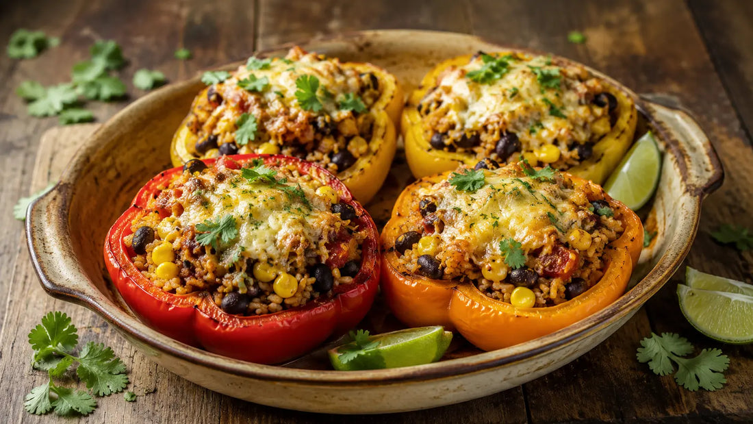 Baked peppers filled with Caribbean-spiced rice, black beans, sweetcorn and tomatoes beneath melted golden cheese.